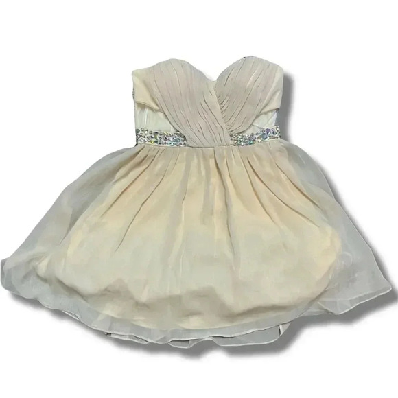 MASQUERADE Beige Strapless Mini Prom Dress Beaded Waistband Sweetheart Size 3/4 - Picture 1 of 12